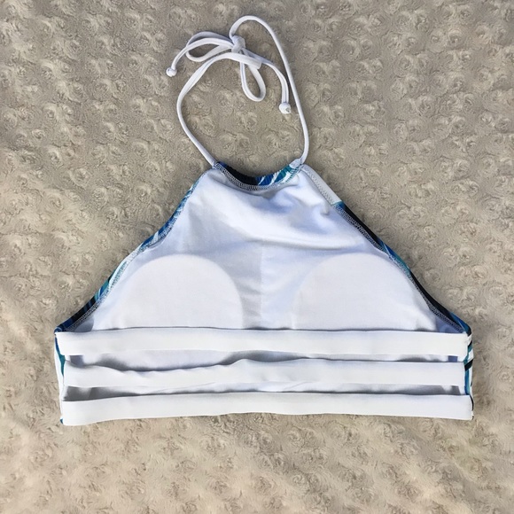 High Neck Halter Bikini Top Palm Print White Blue - Picture 4 of 6